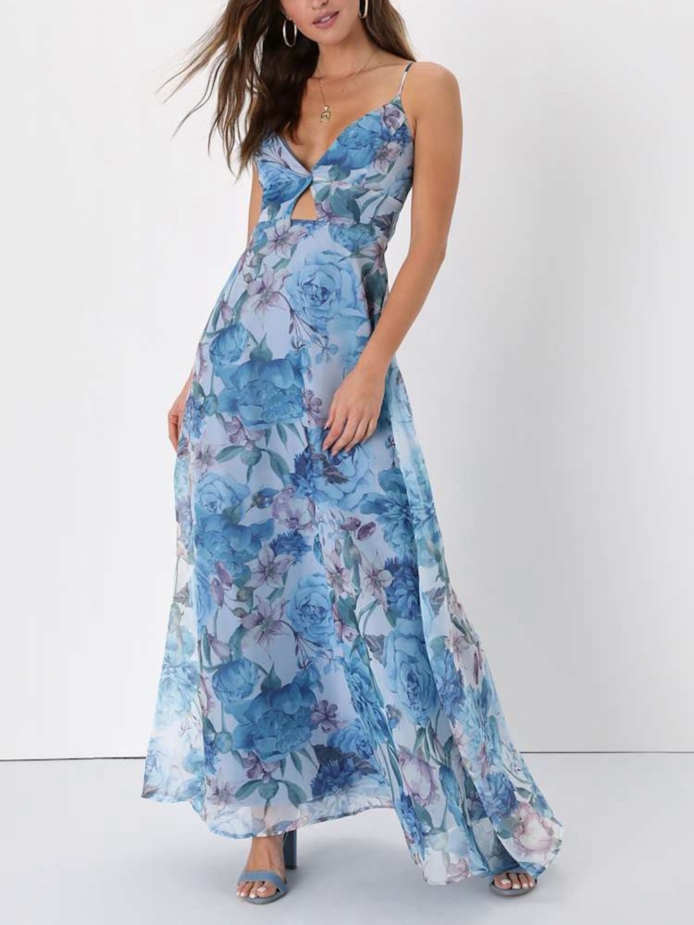 NWT Lulus Enchanting Entrance Blue Floral Organza Keyhole Maxi Dress